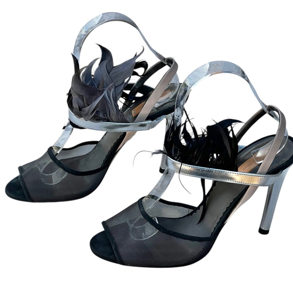 Reed Krakoff Black Mesh & Silver Leather Heels W/ Feathers Size 6.5 EU Size 37.5